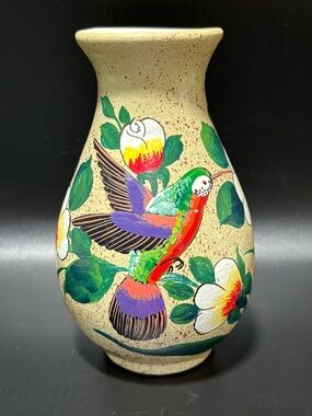 Hand Painted Ceramic Hummingbird Vase - Vibrant Mexican Folk Art Style Pottery